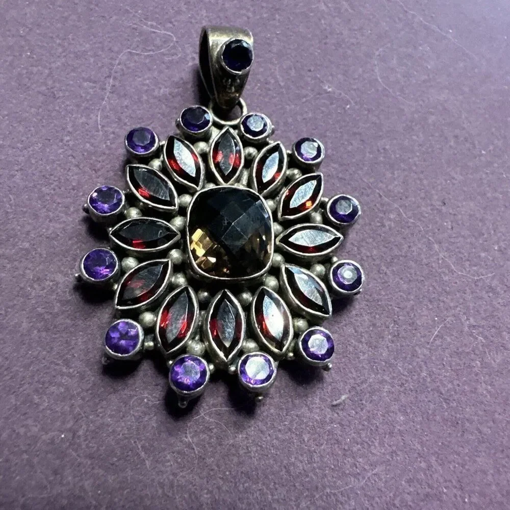 VINTAGE INDIA DESIGNER DOUG PAULUS STERLING SILVER AMETHYST STONE FLOWER PENDANT